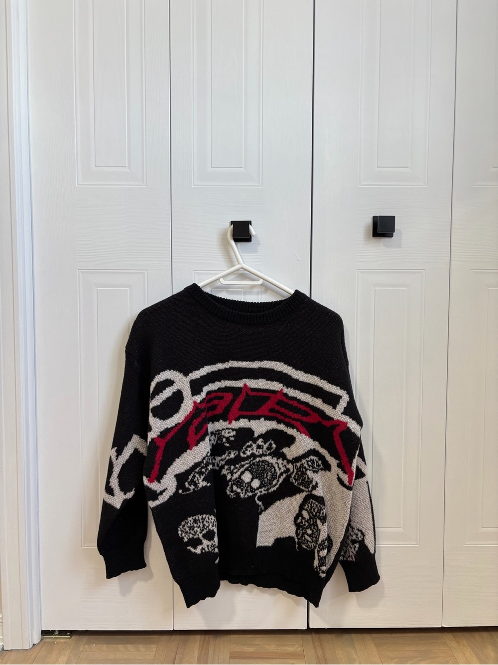 Black Graphic Crewneck Sweater with Red Accent